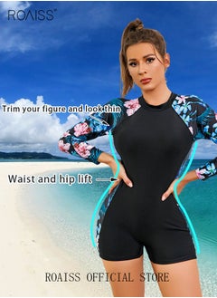 Buy Women One Piece Backless Swimsuit Color Block Surf Clothes Long Sleeve Swimwear Conservative Beachwear Bathing Suit Sports Suits Jumpsuit in Saudi Arabia