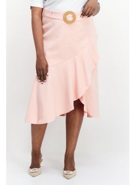 Buy Women Curve Fit Plain Belted Midi Skirt, Pink in UAE