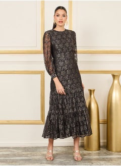 اشتري Foil Print Mesh Insert Tiered Midi Dress في السعودية