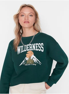 Buy Emerald Green Printed Thick Fleece Inside Relaxed Knitted Sweatshirt TWOAW23SW00559 in Egypt