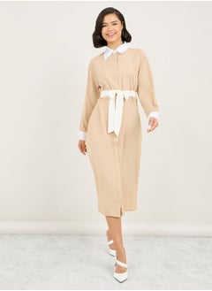 Buy Contrast Cuff Sleeves Collared Shirt Midi Dress in Saudi Arabia