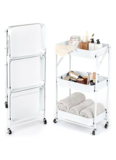 اشتري 3 Tiers Foldable Storage Trolley Cart Kitchen utility carts Foldable Rolling Carts Trolley with Locking Wheels for Kitchen Multi-purpose Shelving Organizer في السعودية