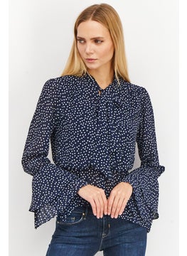 Buy Women Tie Neckline Long Sleeve Polka Dots Blouse, Navy/White in UAE