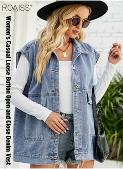 اشتري Women'S Fashion Lightweight Denim Vest Casual Loose Lapel Sleeveless Design 6 Buttons Open And Close Practical Large Pockets On Both Sides في السعودية