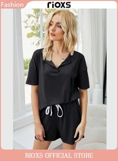 Buy Womens Casual 2 Piece Pajama Sets Short Sleeve T-Shirt With Elastic Waist Shorts Set Solid Sleepwear Set in UAE
