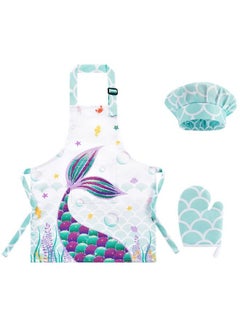 اشتري Mermaid Apron Set Waterproof Chef Artist Cooking Aprons For Kids Girls Kitchen Bib With Adjustable Strap Pocket Chef Hat And Mittens For Baking Painting Party (Extra Small 25 Years) في السعودية