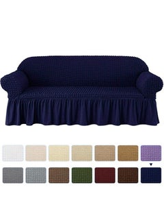 Buy Three Seater Super Stretchable Anti-Wrinkle Slip Flexible Resistant Jacquard Sofa Cover Dark Blue 140x280cm in UAE