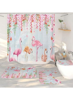 Buy 4 Pieces Printing Shower Curtain and Bath Mat Non-slip Toilet Seat Cover Mat Home Decor Toilet Mat Memory Foam U-Shaped Toilet Rug Set Flamingo 180X180 CM in UAE