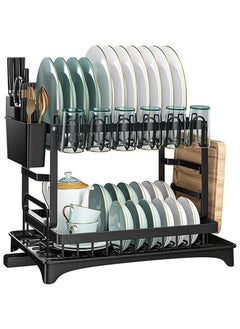 Buy 2-Tier Carbon Steel Collapsible Dish Drying Rack with Drain Board Dish Drainer with Cup Holder Utensil Holder Black in Saudi Arabia