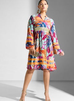 Buy High Neck Floral Printed Pleated Dress in UAE