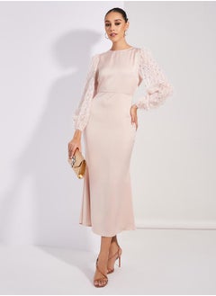 اشتري Satin Embellished Sleeves Round Neck Maxi Dress في السعودية