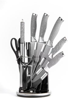 اشتري Cuisine Art 9-Piece Professional Kitchen Knife Set with Revolving Stand – Includes Chef, Cleaver, Slicing, Utility, Fruit Knives, Scissors, Sharpening Rod and Potato Peeler - Grey في الامارات