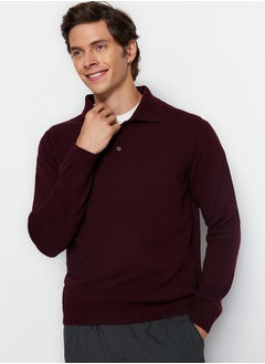 Buy Claret Red Slim Fit Polo Neck Buttoned Smart Knitwear Sweater TMNAW23KZ00238 in Egypt