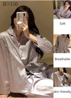 Buy 2- Piece Women's Soft Pajamas Set Long Sleeve Silky Pajama Set Sleepwear Loungewear Button-Down Night Suit Pajama Sets Spring and Autumn Night Wear in Saudi Arabia