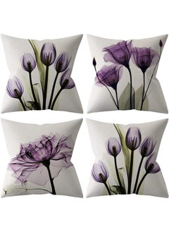 اشتري Throw Pillow Covers Set Of 4 Purple Flower Cushion Covers 18X18 Inch Boho Linen Square Throw Pillow Cover For Living Room Sofa Couch Bed Pillowcase 45Cm X 45Cm في السعودية