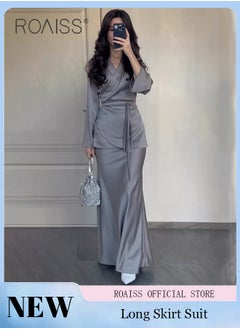 Buy 2Pcs Temperament Satin Long Skirt Suit for Women V Neck Waisted Trumpet Sleeve Top and Hip Wrap Long Skirt Ladies Advanced Solid Color Elegant Comfortable Skin-Friendly Slim Set in UAE