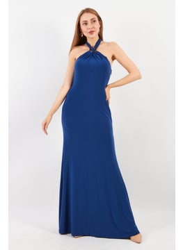 Buy Women Solid Halter Neck Sleeveless Maxi Dress, Blue in UAE