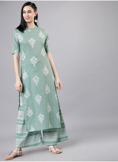 Buy Damask Print Straight Kurta and Striped Wide Leg Pant Set in Saudi Arabia