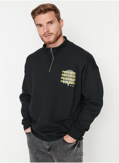 Buy Black Oversize/Wide Cut Zippered Text Printed Inside Fleece Cotton Sweatshirt TMNAW23SW00017 in Egypt