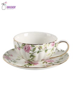 Buy Coffee Cup And Saucer Set, Garden Style Floral Ceramic Cup, 180Ml Capacity, Green/Pink/White in Saudi Arabia