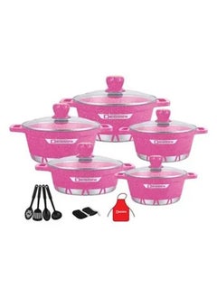 اشتري 17-Piece Die Casting Cookware Set Includes 1x20cm Casserole With Lid, 1x24cm Casserole With Lid, 1x28cm Casserole With Lid, 1x 32cm Casserole With Lid, 1x28cm Shallow Casserole With Lid, 7xCooking Tools Pink في الامارات