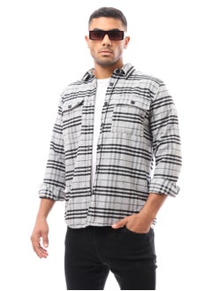 Buy Men Long Sleeve Plaids White & Grey Shirt With Two Patched Pockets in Egypt