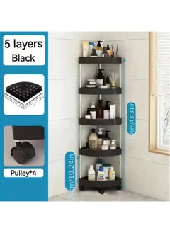 Buy Corner Storage Shelf Bathroom, 5 Tiers Movable Storage Rack with Detachable Rolling Wheels, Large Capacity Space Saving Corner Organizer, Hollow-Out Drainage Hole Design, Black in Saudi Arabia