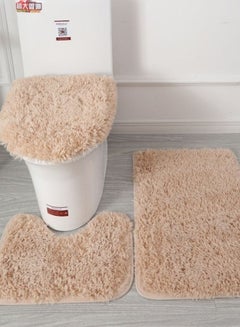 Buy Set of 3pcs Plush Bathroom Bath Mat Beige Color, Anti Slip Toilet Rugs and Toilet Lid Cover. in UAE