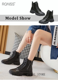 Buy Women's Ankle Boots Ladies Combat Ankle Winter Warm Soft Casual Shoes Women High Top Leather Martin Boots Women Low Heel Lace Up Outdoor Trekking Hiking Work Boots in UAE