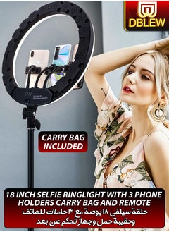 Buy 18 inch Dimmable Circle LED Studio Selfie Ring Light With 90Inch Tripod Stand Remote And 3 Mobile Phone Holders For Makeup Camera Photography YouTube Video Shoot TikTok Vlog Live Stream With Carry Bag in UAE