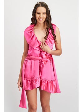 Buy Women Solid Sleeveless Belted Wrap Dress, Pink in Saudi Arabia