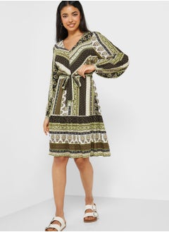 Buy Printed V-Neck Belted Dress in Saudi Arabia