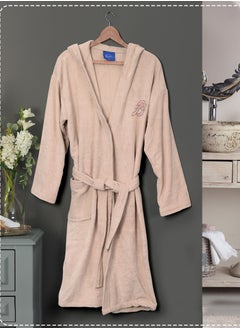 Buy Cotton bathrobe with a pocket &head cap for unisex, 100% Egyptian cotton, ultra-soft, highly water-absorbent, color-fast and modern, ideal for daily use, resorts and spas L in UAE