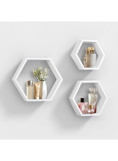 Buy Hexagon Wall Mounted Hanging Shelves, Wooden 3 Piece Hanging Shelf White in Saudi Arabia