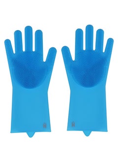 اشتري Home Pro Reusable Silicone Gloves With Wash Scrubber Waterproof Dishwashing Cleaning Rubber Gloves Heat Resistant For Cleaning Household Washing Pets Washing Car Blue (1Pair) في الامارات