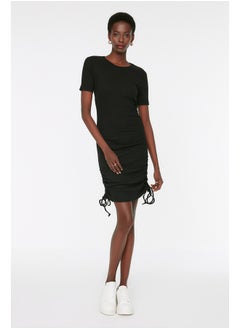 اشتري Black Ruffle Detailed Knitted Dress with a Fitted Crew Neck, Mini Ribbon, Flexible TWOSS21EL0118. في مصر