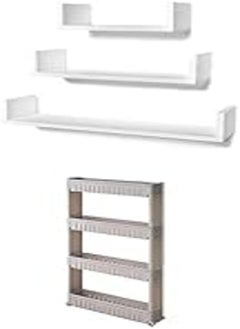 اشتري STOREMIC U-Shaped Floating Mounted Shelves for Wall 50cm, 35cm, 25cm, Easy to Install White, Pack of 3 + 4 Tier Gap Storage Rack, Organizer for Kitchen and Bathroom 4 Shelves, Grey في مصر