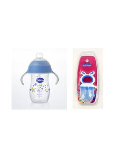 Buy Bubbles Set Natural Cup and Feeding Bottle 2 in 1 280ml Blue + Fruit Teether Blue in Egypt