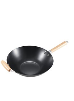 اشتري Durable Stir Fry Wok with Wooden Handle Black and Beige 14inch في السعودية