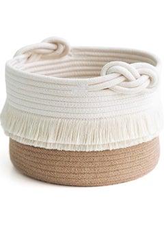 اشتري Extra Large Decorative Woven Cotton Rope Basket, Laundry Basket, Blanket Basket, Baby and Dog Toy Storage Baskets Bin, Kid Laundry Hamper, Towel Basket, Light Brown (24cm*17.5cm Brown+White) في الامارات