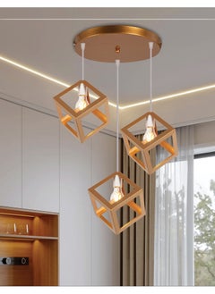 Buy Triple hanging Industrial Cube Chandeliers Light Fixture - Gold Metal Ceiling Three Lamps in Saudi Arabia