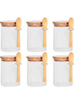 Buy 6-Piece Glass Jars With Airtight Wooden Lid and Wooden Spoon Size 450ml X 6 Airtight Jars for Spice Tea Coffee Cookies Candies Dry Fruits Kitchen Storage Jars Size 8.5cm*10cm in UAE