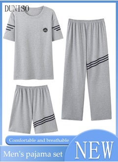 Buy 3-Piece Men's Pajamas Sets with Short Sleeves Trousers and Short Pants Males Round Neck Sleepwear Cotton Nightgown Loungewear  Homewear Clothes in Saudi Arabia