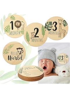 Buy Baby Monthly Milestone with Announcement Sign, Wooden Newborn Welcome Discs Sign Round New Baby Sign Double Sided Printed Baby for Boys Girls Photo Prop Baby Shower in UAE