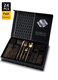 اشتري 24 Piece Stainless Steel Cutlery Set,Western Cutlery, Cutlery Set for Party,Birthday Banquet (Gold) في السعودية