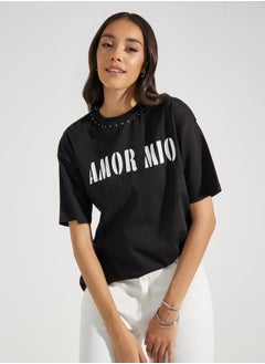 اشتري Oversized Amor Mio Slogan Rhinestone Longline T-Shirt في السعودية