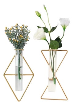 اشتري 2 Pack Nordic Wall Vase Gold, Hanging Geometric Metal Hydroponic Planter, Mounted Glass Tube Bud Decorative for Centerpieces Wedding Home Decor في الامارات