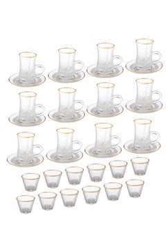 Buy Set of 12 tea cups, 12 saucers, 12 Arabic coffee and 12 glass spoons with golden line in Saudi Arabia