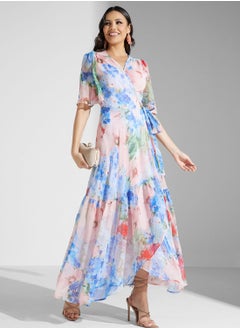 اشتري Tie Detail Flutter Sleeve Wrap Dress في الامارات