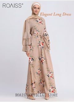 اشتري Ladies Dress Waisted Slim Long Sleeve Large Skirt Hem Printed Dress with Belt for Women Ladies Party Ramadan Eid al-Adha في الامارات